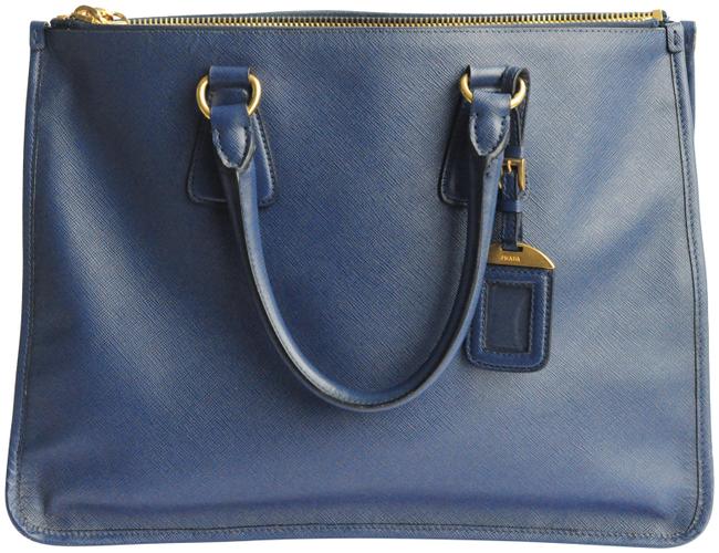 Prada Double Saffiano Large Zip Blue Leather Tote