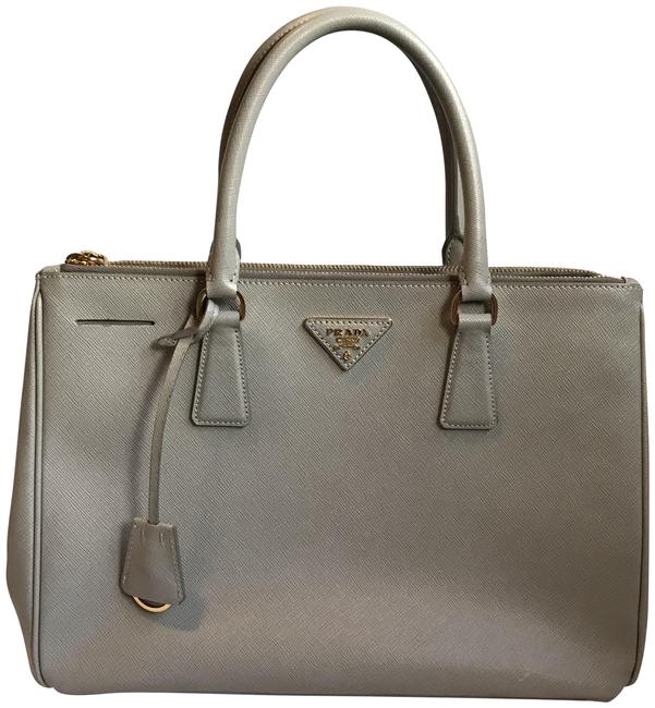 Prada Double Lux Saffiano Double zip Taupe Calf Leather Tote