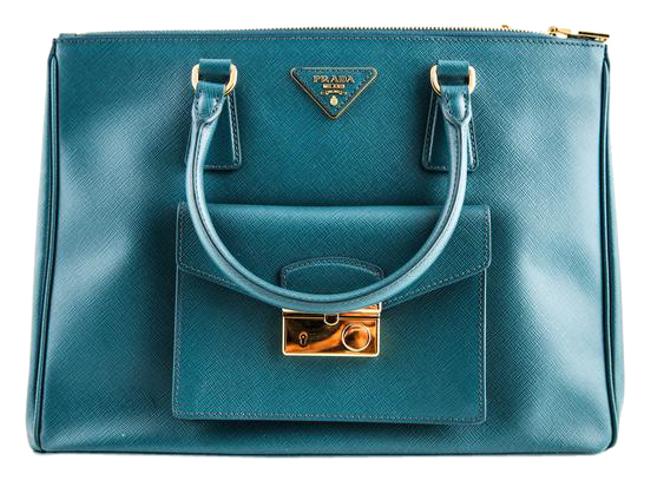 Prada Bag Double Lux Saffiano Double zip Blue Leather Tote
