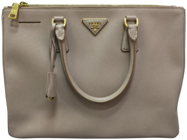 Prada Double Lux Saffiano Zip Beige Calfskin Leather Tote