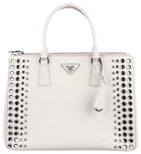 Prada Double Saffiano Studded Ivory Leather Tote
