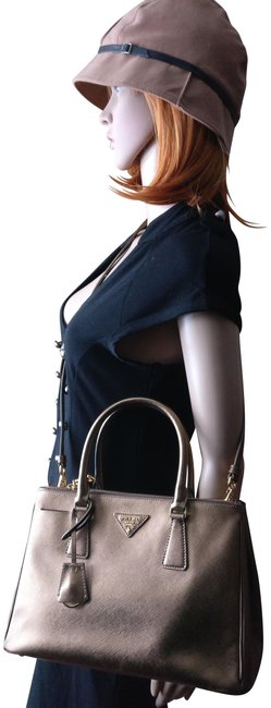 Prada Double Saffiano Zip Cross Body Bronze Leather Tote