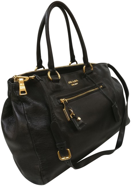 Prada Double XL Zip Cross Body Black Leather Tote