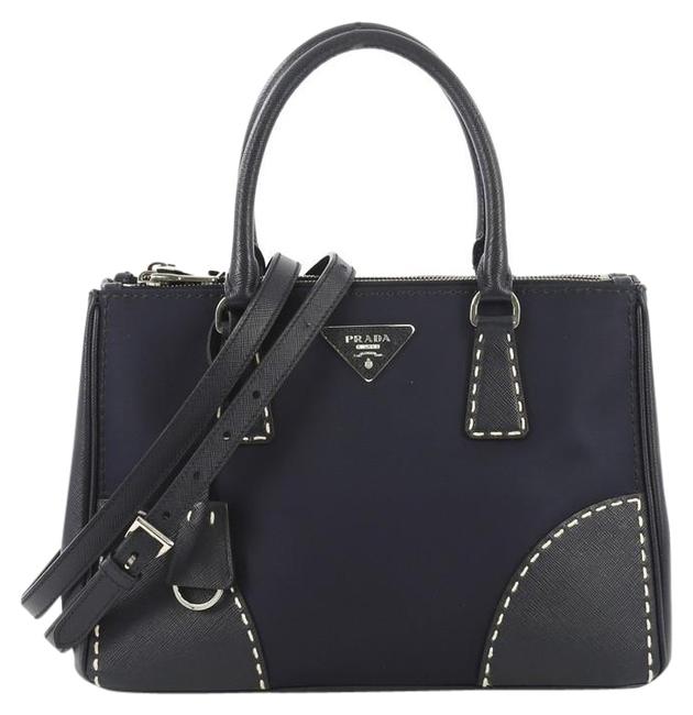 Prada Double Zip Convertible Stitched Small Navy Tessuto and Saffiano Tote