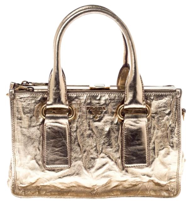 Prada Double Zip Frame Gold Patent Leather Tote