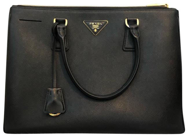 Prada Double Zip Medium Saffiano Black Leather Tote