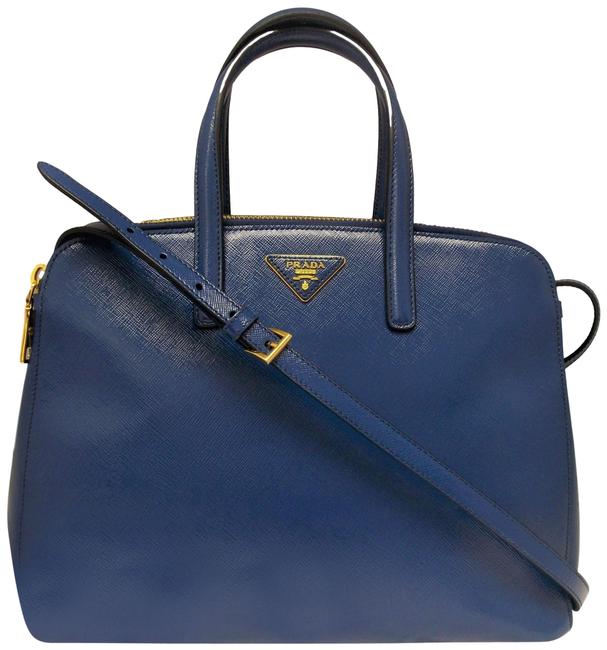 Prada Double Zipper Blue Leather Tote