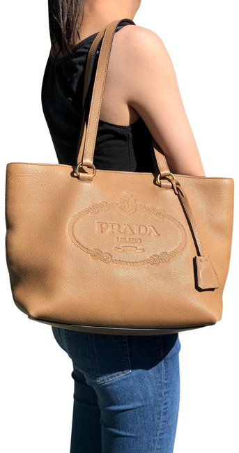Prada Embossed Logo Camel Leather Tote