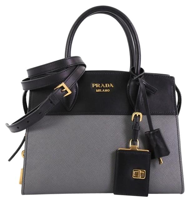 Prada Esplanade Saffiano Small Gray and Black Leather Tote