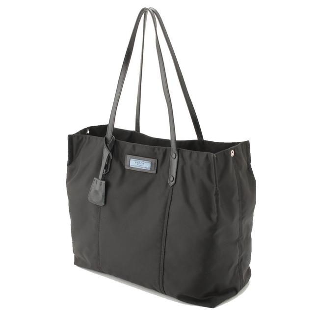 Prada Etiquette Soft Calf Leather Strap Shoulder Shopping Black Nylon Tote