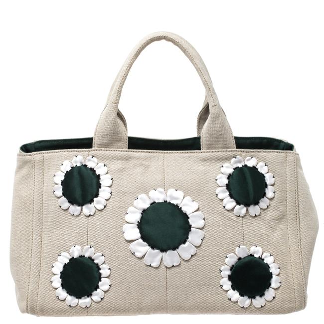 Prada Floral Patch Light Beige Canvas Tote