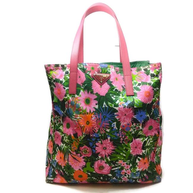 Prada Floral Pink and Green Multi Nylon Tote
