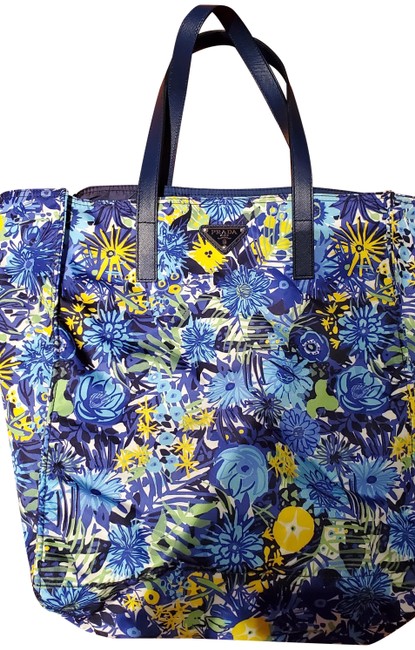 Prada Flower BlueYellow Nylon Tote