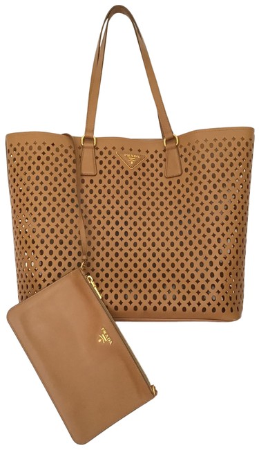 Prada Fori Perforated Caramel Saffiano Leather Tote