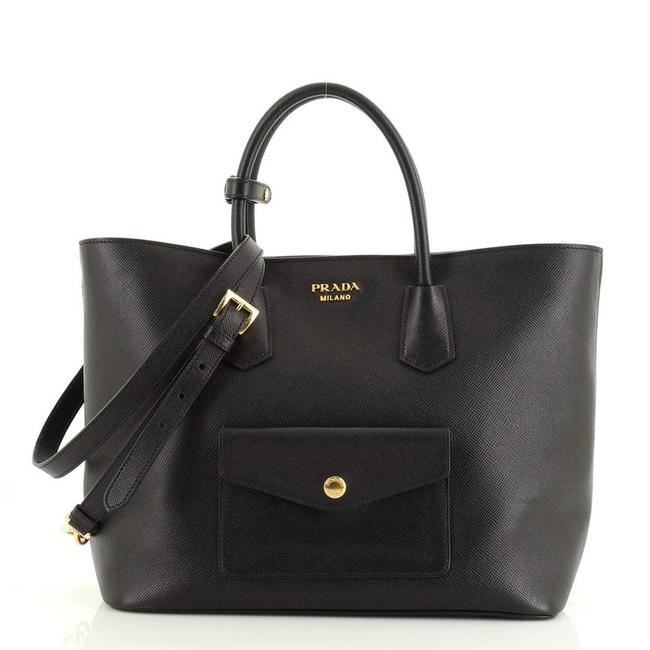 Prada Front Pocket Convertible Saffiano Black Leather Tote