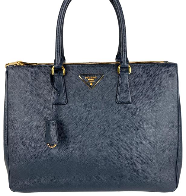 Prada Galleria Double Lux New Baltico Navy Blue Saffiano Leather Tote