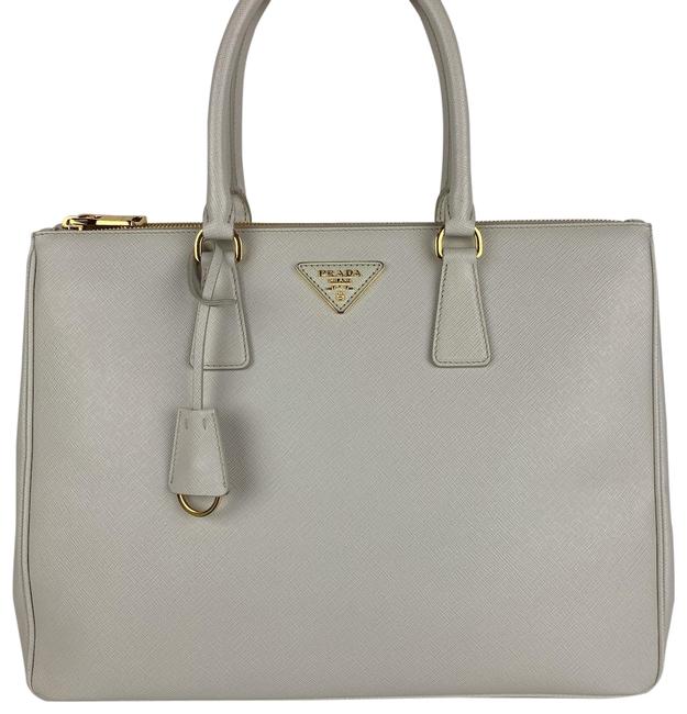 Prada Galleria Double Lux New Italian Zip White Talco Saffiano Leather Tote