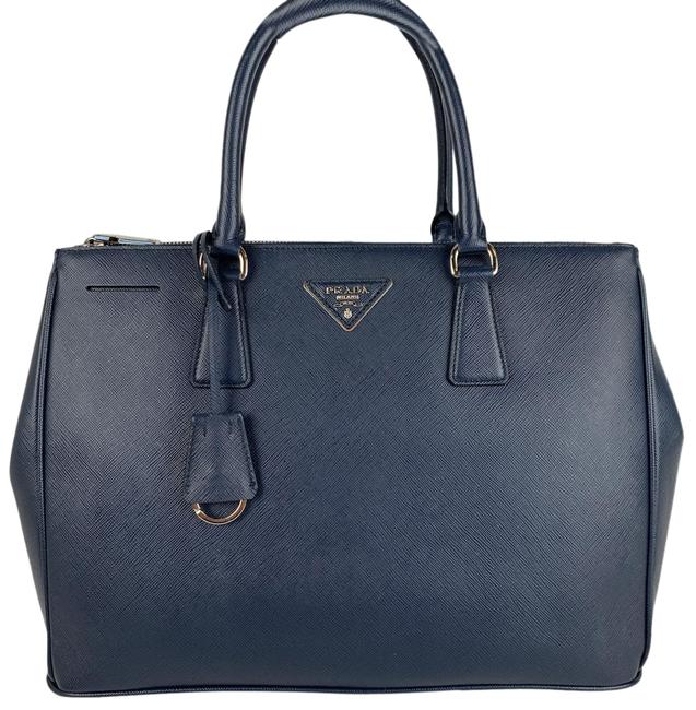 Prada Galleria Double Lux New Medium Zip Baltico Navy Saffiano Leather Tote
