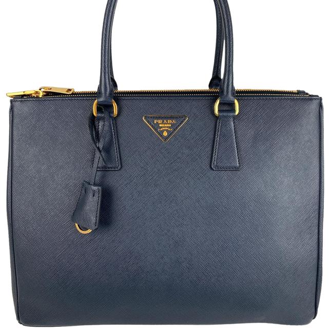 Prada Galleria Double Lux New Zip Baltico Navy Blue Saffiano Leather Tote