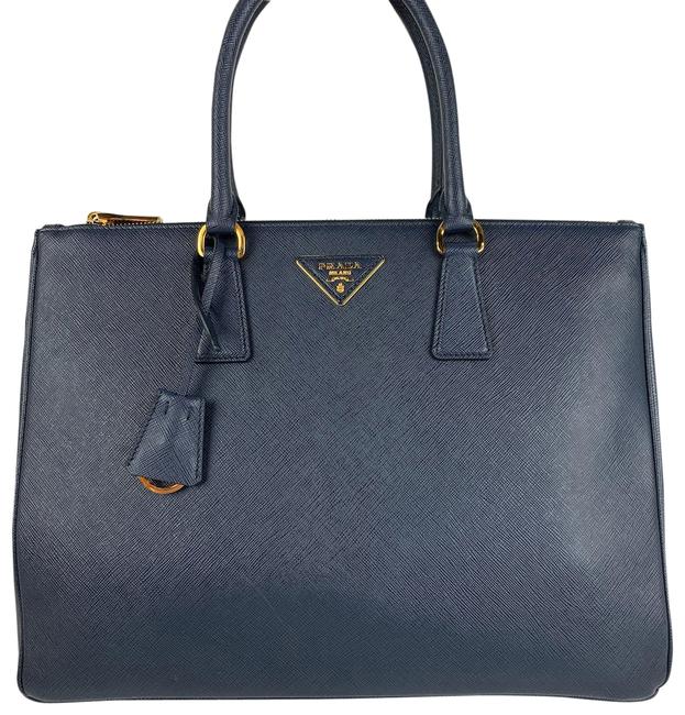 Prada Galleria Double Lux New Zip Baltico Navy Saffiano Leather Tote