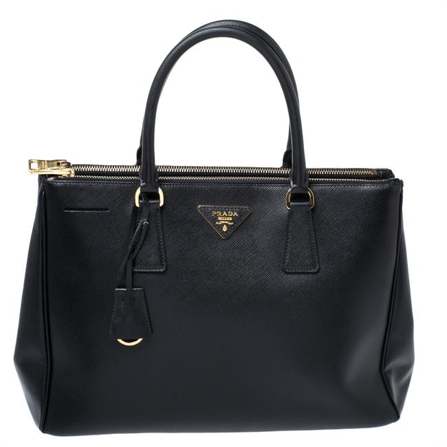 Prada Galleria Double Lux Saffiano Medium Zip Black Leather Tote