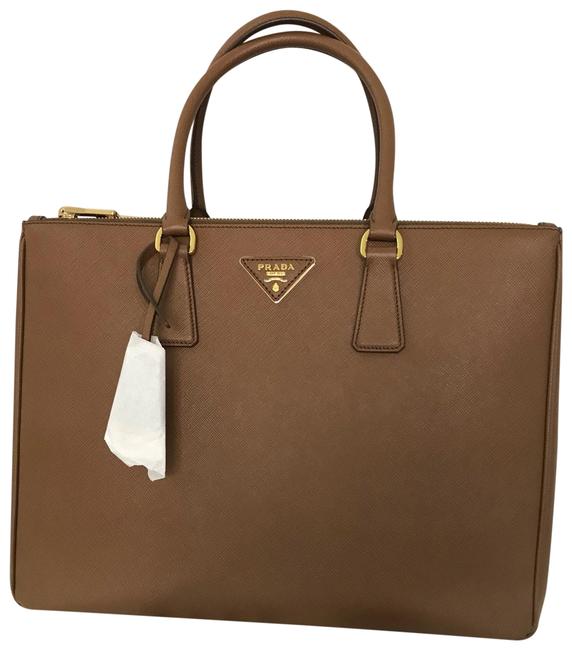 Prada Galleria Double Lux Saffiano Zip 1ba786 Brown Leather Tote