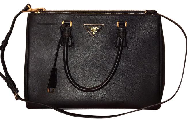 Prada Galleria Double Lux Saffiano Zip Black Leather Tote