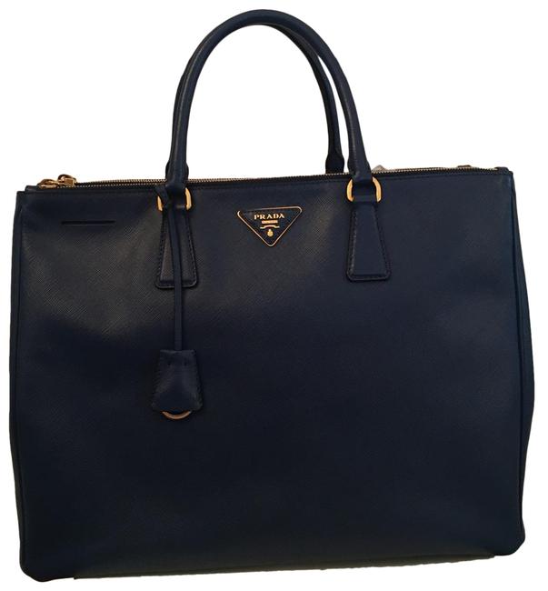 Prada Galleria Double Saffiano Large Zip Blue Leather Tote