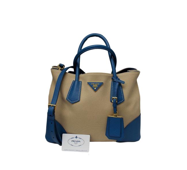 Prada Galleria Double Zip Canvas Saffiano Beige Leather Tote