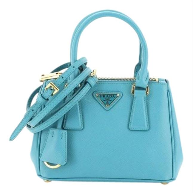 Prada Galleria Double Zip Saffiano Mini Blue Leather Tote
