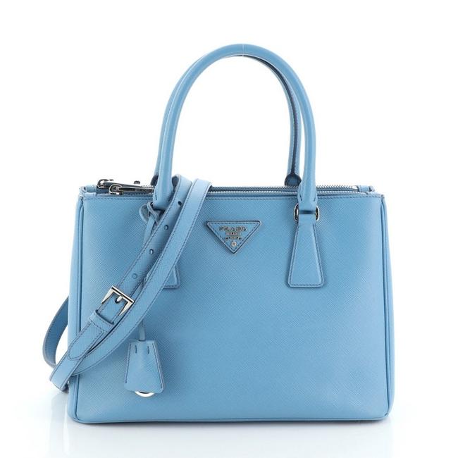 Prada Galleria Double Zip Saffiano Small Blue Leather Tote