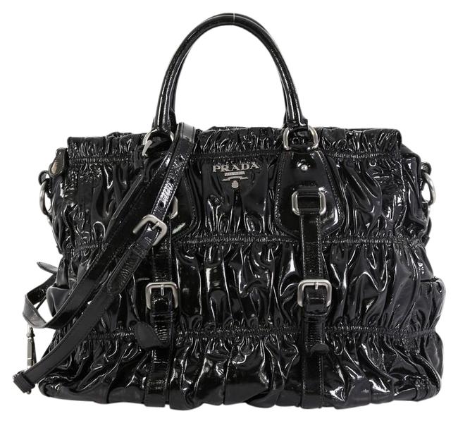 Prada Gaufre Convertible Patent Medium Black Leather Tote