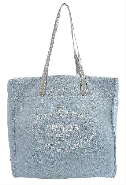 Prada Genuine Triangle Plate Leather Light Blue Mesh Tote