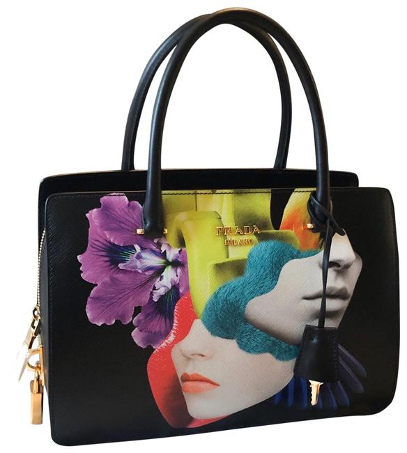 Prada Graphic Print Face Black Saffiano Leather Tote