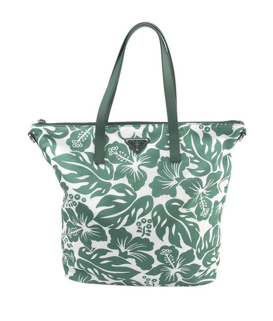 Prada Green  White Floral 152165 Canvas Tote