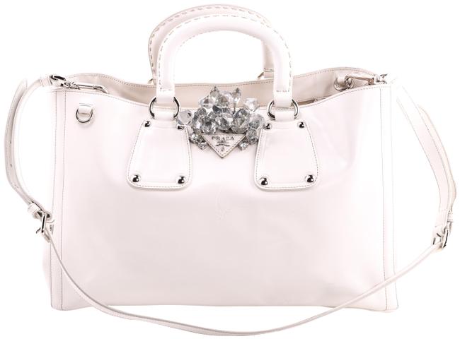 Prada Grigio Spazzolato Crystal Embellished White Patent Leather Tote