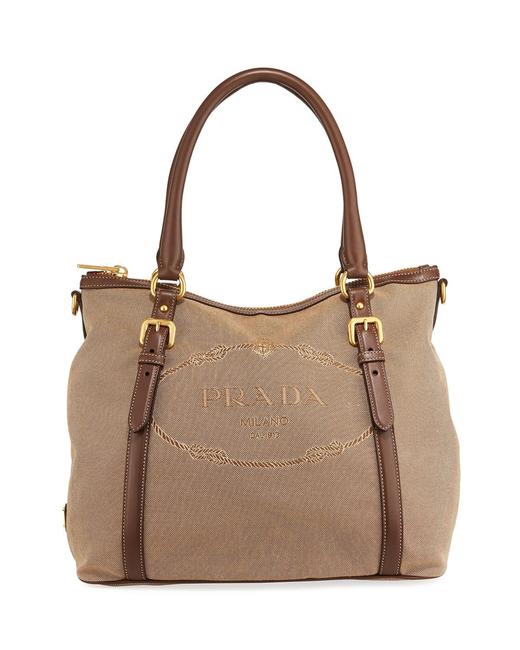 Prada Jacquard Logo Cross Body Brown Canvas and Leather Tote