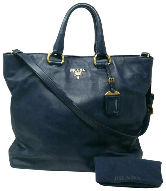 Prada Large Vittelo Daino Navy Leather Tote