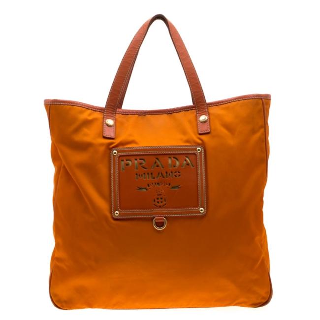 Prada Lasercut Logo Orange Nylon and Leather Tote