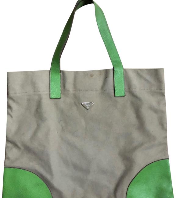 Prada Leather Lime Green and Khaki Canvas Tote