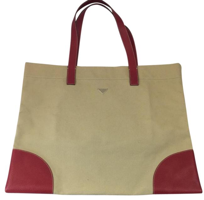 Prada Leather Red Khaki Canvas Tote