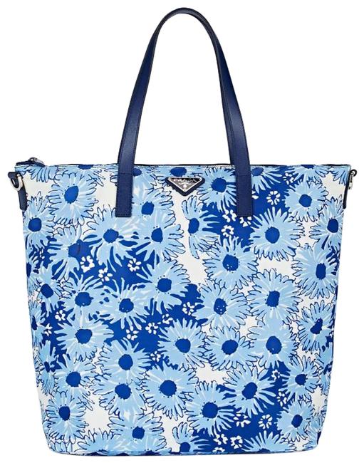 Prada Leather trimmed Floral Light BlueWhiteNavy Tote
