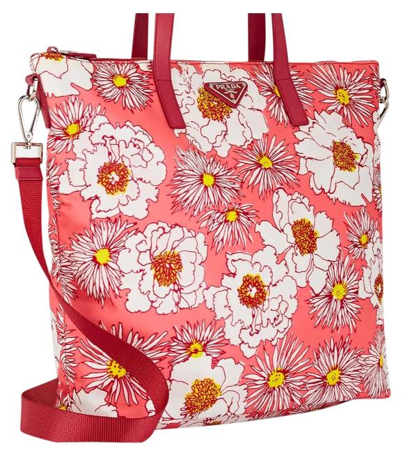 Prada Leather trimmed Floral Pink Canvas and Leather Tote