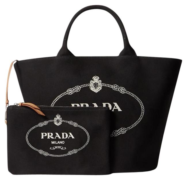 Prada Leather trimmed Printed Cotton canvas Tote