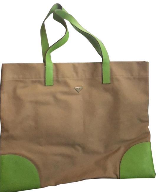 Prada Lime and Khaki Leather Canvas Tote