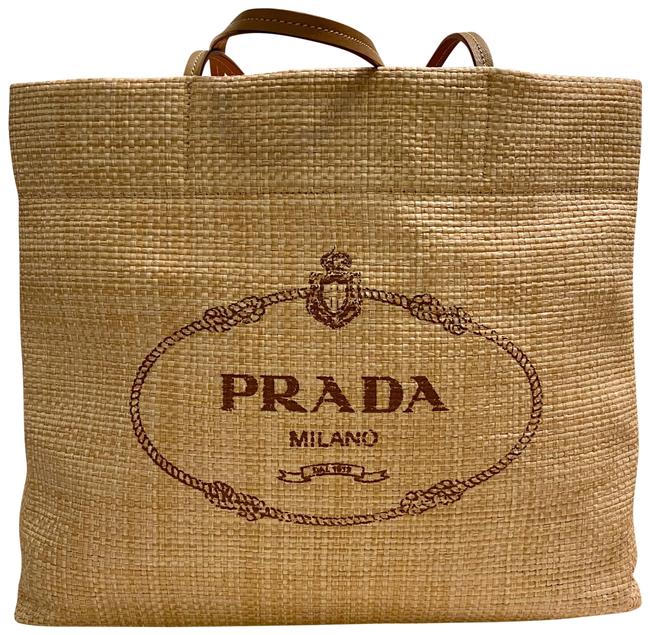 Prada Logo Beige Raffia and Leather Tote