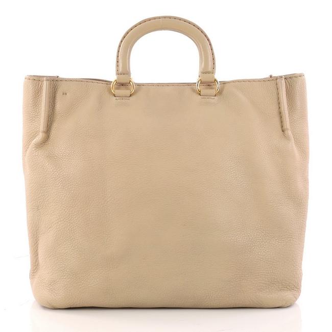 Prada Vitello Daino Logo Embossed Convertible Large Beige Leather Tote