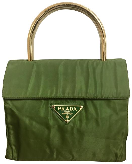 Prada Logo Green Gold Plated Handle Nylon Tote