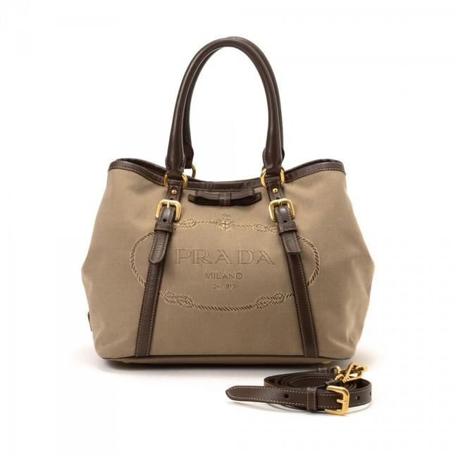 Prada Logo Jacquard Leather trimmed Brown Canvas Tote