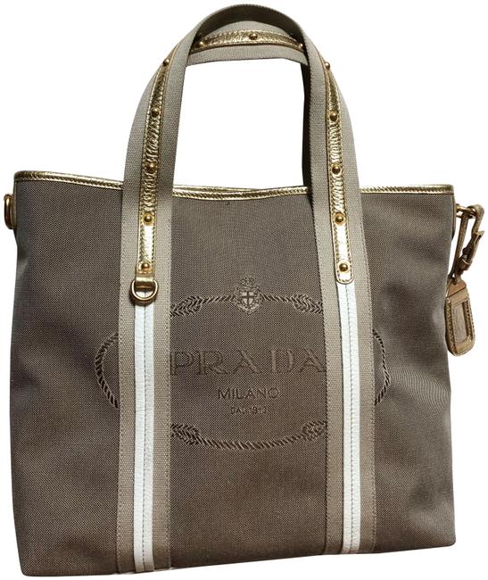 Prada Shopping Bag Logo Jacquard GoldBiege Canvas Tote